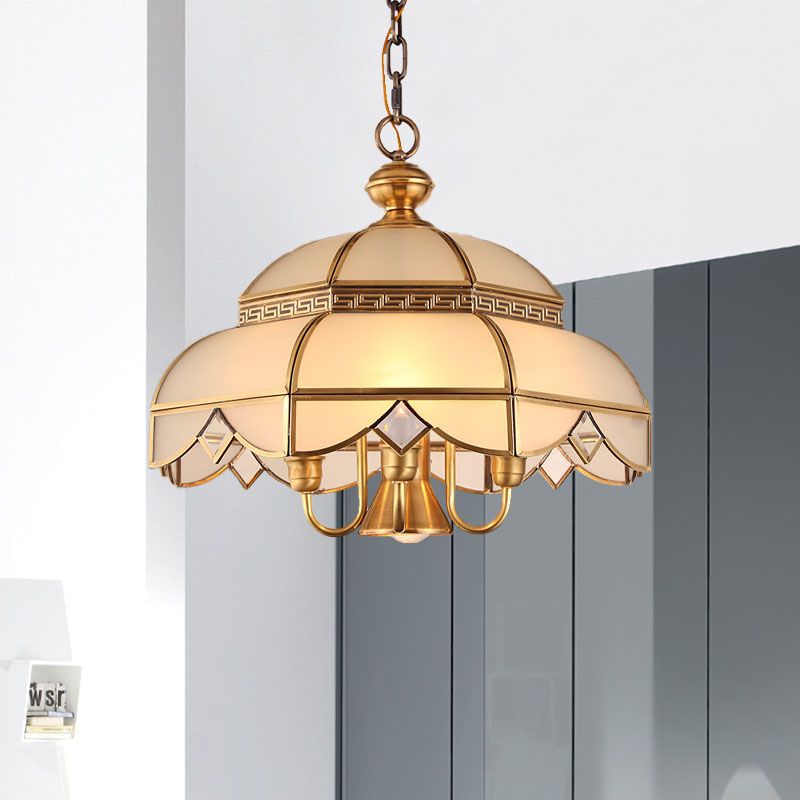 Brass 5 Heads Chandelier Lighting Colonialism Cream Glass Dome Pendant Ceiling Light for Dining Room