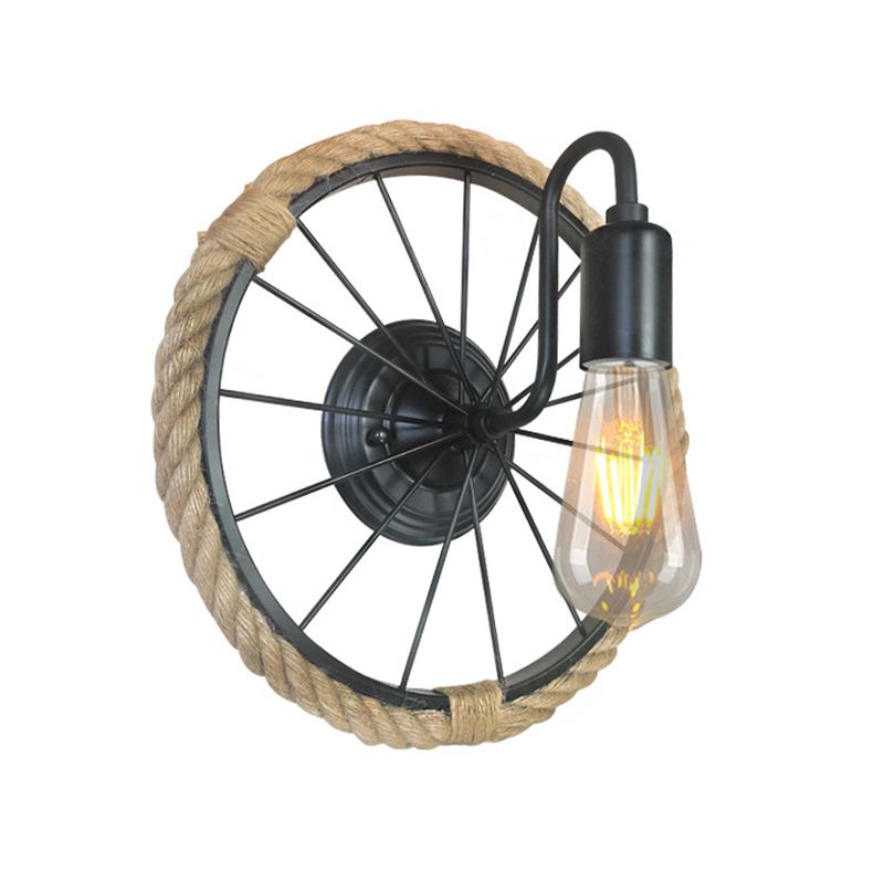1 Light Open Bulb Sconce Lamp Industrial Black Rope Wall Mounted Light with Wheel Shape