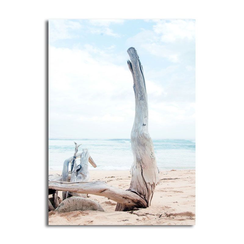 Beach Bare Trunk Seascape Canvas Print Tropics Textured Wall Art in Light Blue
