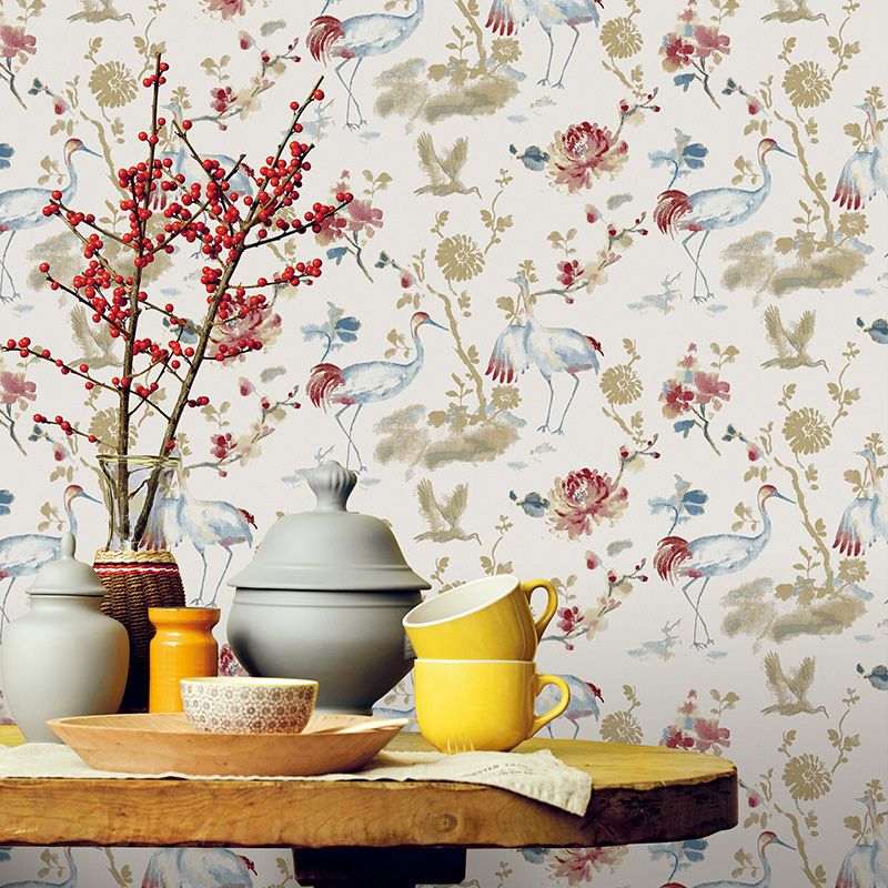 Rural Bird and Flower Wallpaper Roll for Home, 33' x 20.5" Wall Covering in Natural Color