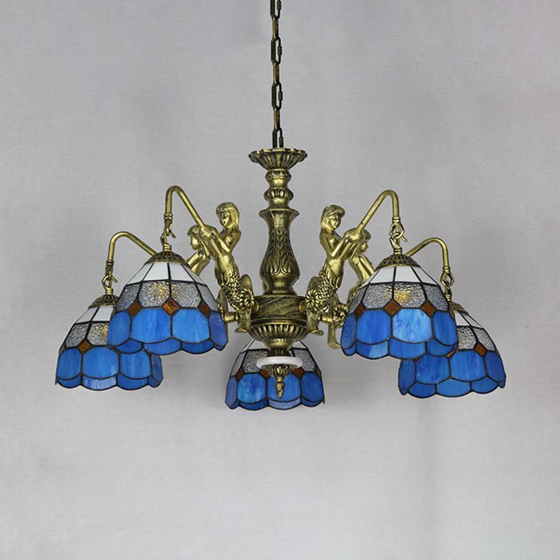 Blanc en verre blanc / antique suspension en laiton Dôme 5 lumières