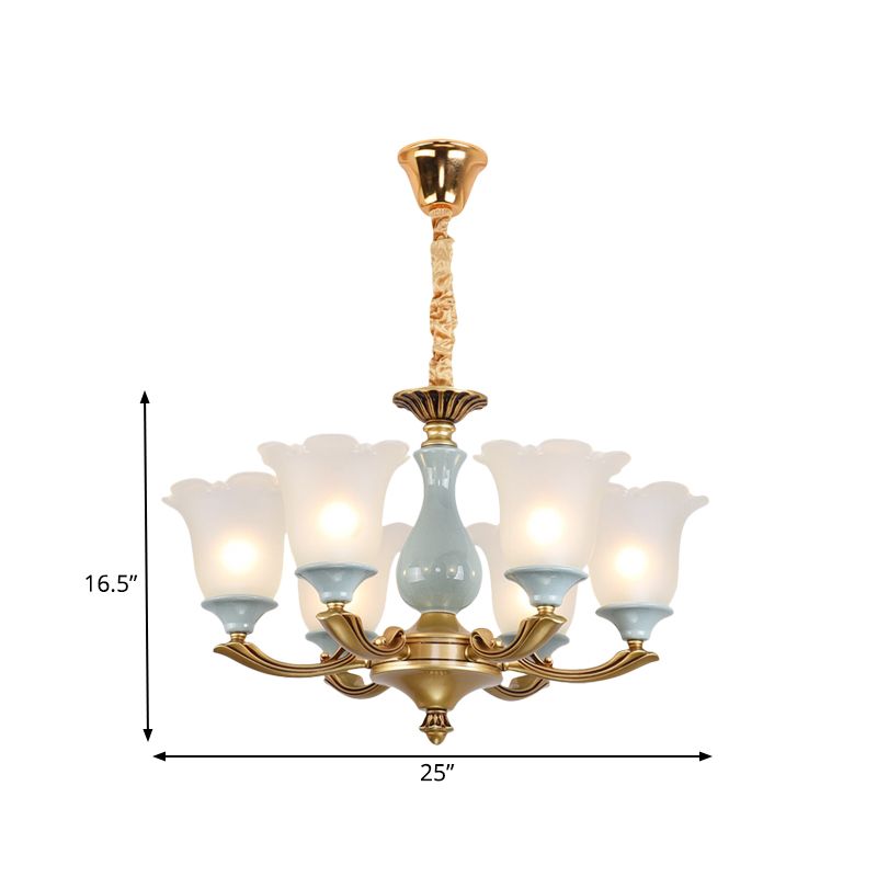 Goud 6 lampen hanglamp verlichting landelijke stijl matglas bloem plafond kroonluchter voor eetkamer