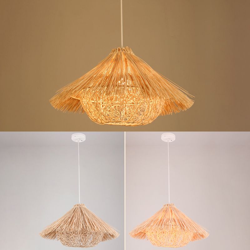 Asian Pendant Lighting Fixture 1-Light Beige Hanging Lamp Kit with Rattan Shade