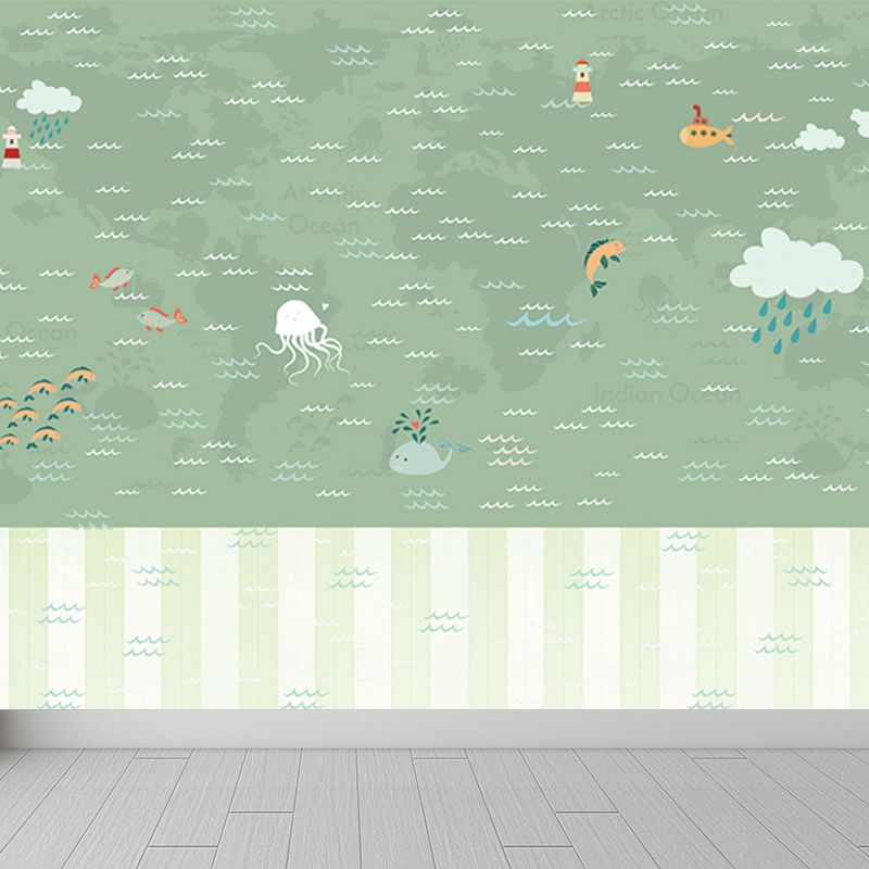 Large Nautical Mural Cartoon Imaginative Sea Life in the Sky Wall Covering in Soft Color