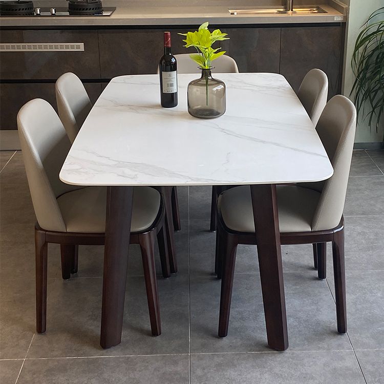 Modern Rectangle Dining Table Stone Top Walnut Tripod Base Dining Table