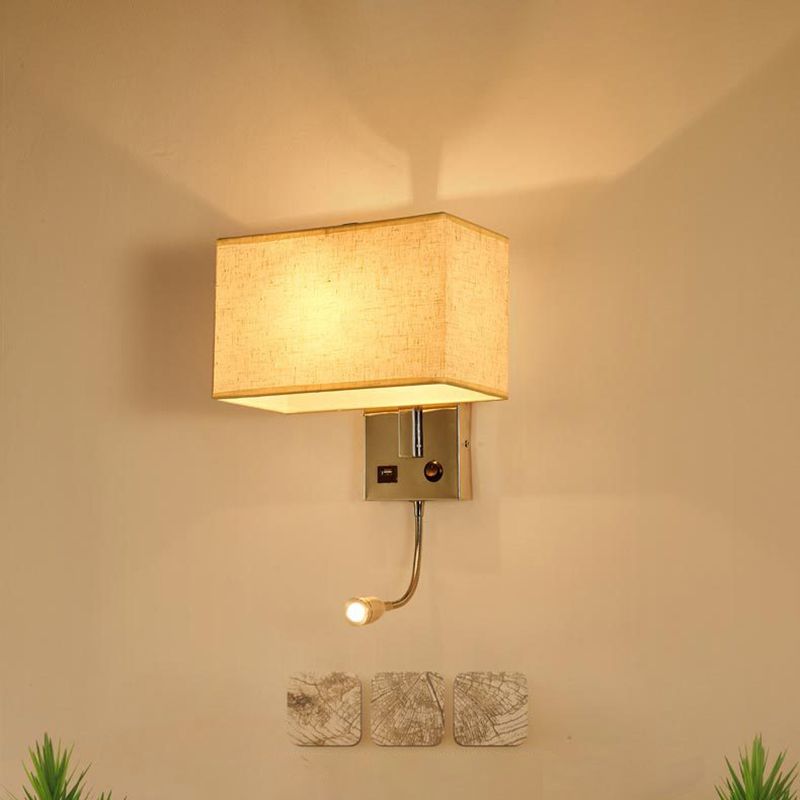 Adjustable Modern Metal Wall Sconce Rectangle Wall Light with Fabric Shade for Bedroom