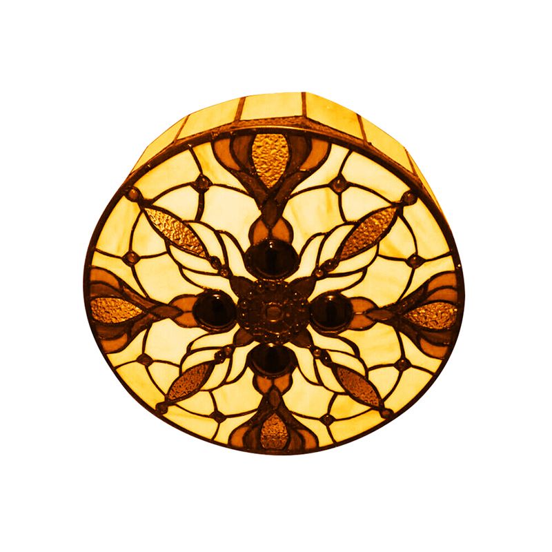 Zirkular flushmount light vintage gefärbt Glas 2 Lichter Deckenleuchte mit Pfauenschwanz Muster in Beige
