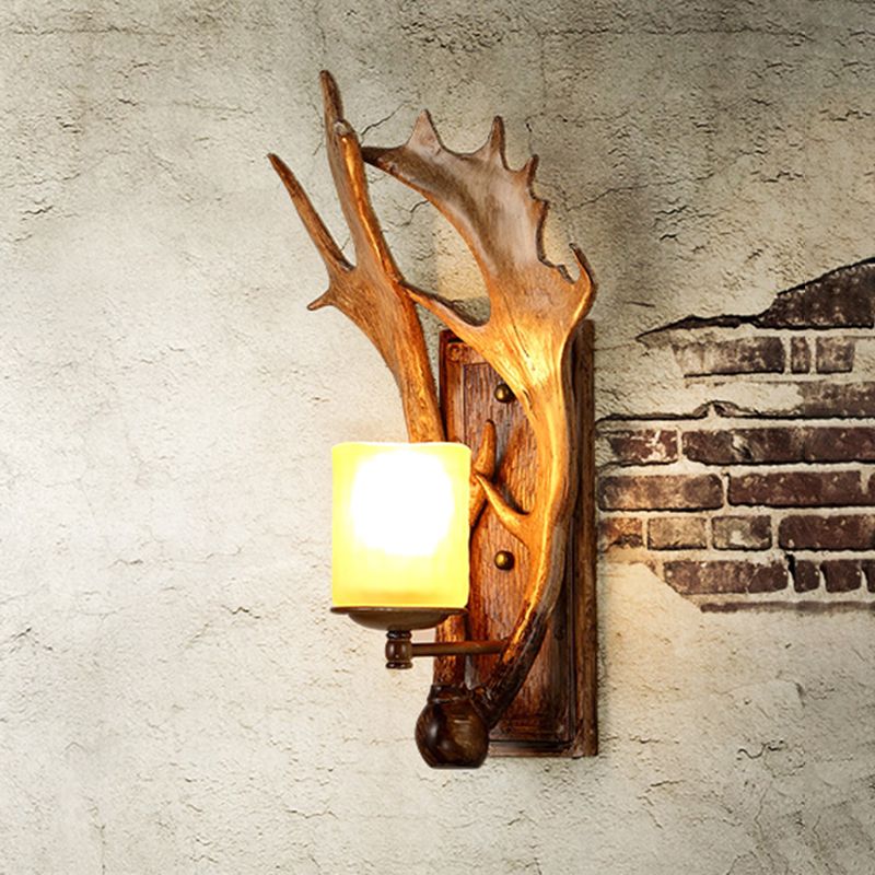 Traditional Cup Wall Mount Light Single Beige Glass Wall Light Fixture with Antler Decor in Brown