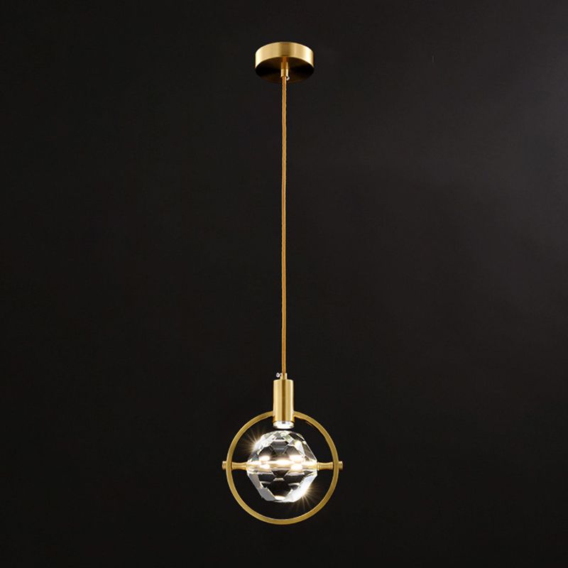 Crystal Block Mini Pendant Lighting Simplicity Brass LED Hanging Light for Bedroom