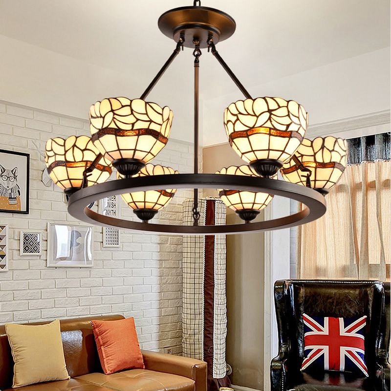 Beige Glass Bowl Chandelier with Adjustable Chain 6 Lights Rustic Hanging Ceiling Light in Beige