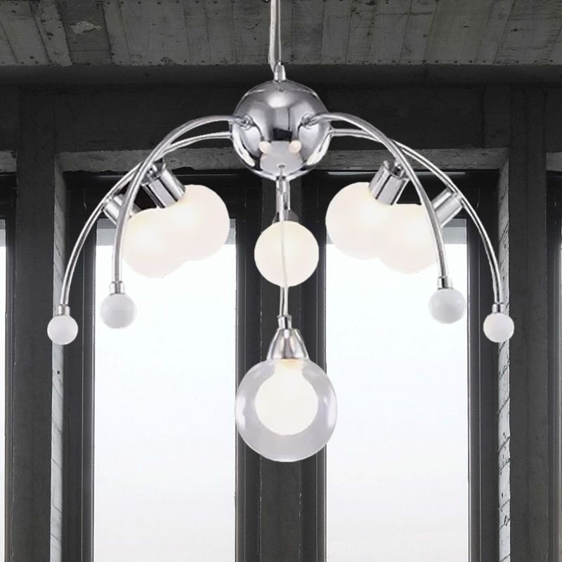 Chrome Bubble Chandelier Lighting Modernist 6/9 Lights White Glass Led Ceiling Fixture with Curved Arm