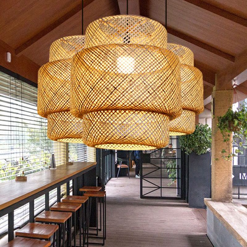 Lantern Ceiling Suspension Lamp Asia Bamboo 1-Light Beige Pendant Lighting for Corridor