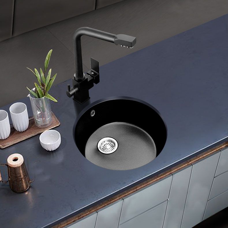Round Granite Kitchen Sink in Black with Drain Assembly Undermount Sink