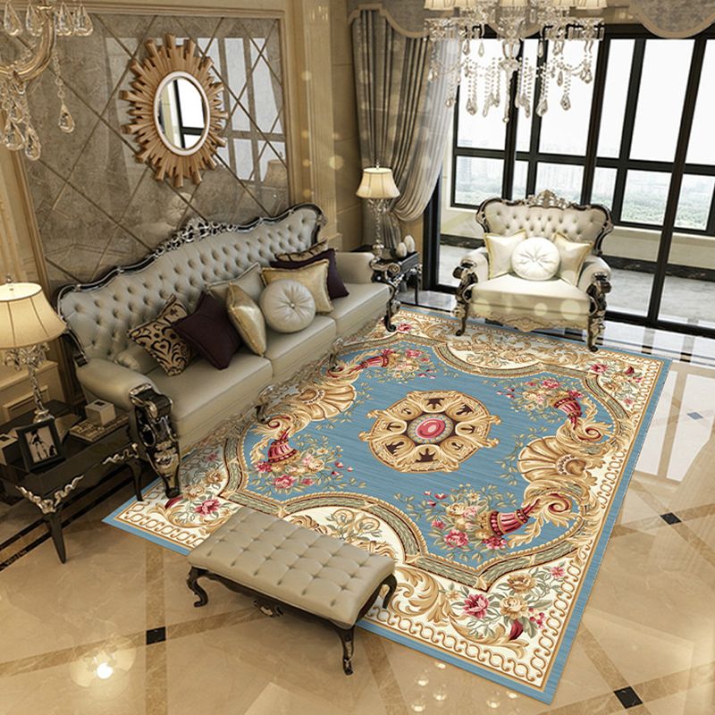 Traditional Flowers Pattern Rug Polyester Indoor Rug Non-Slip Backing Area Carpet for Living Room