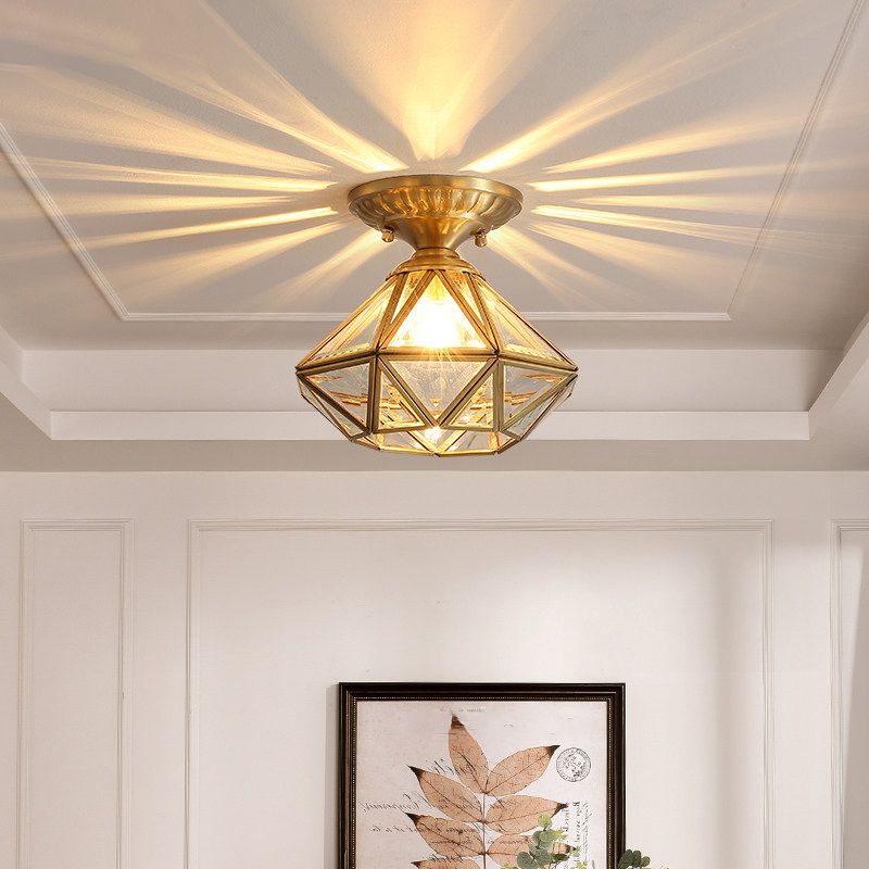 Vintage Prismatic Ceiling Flush Mount Glass Semi Flush Mount Light in Brass