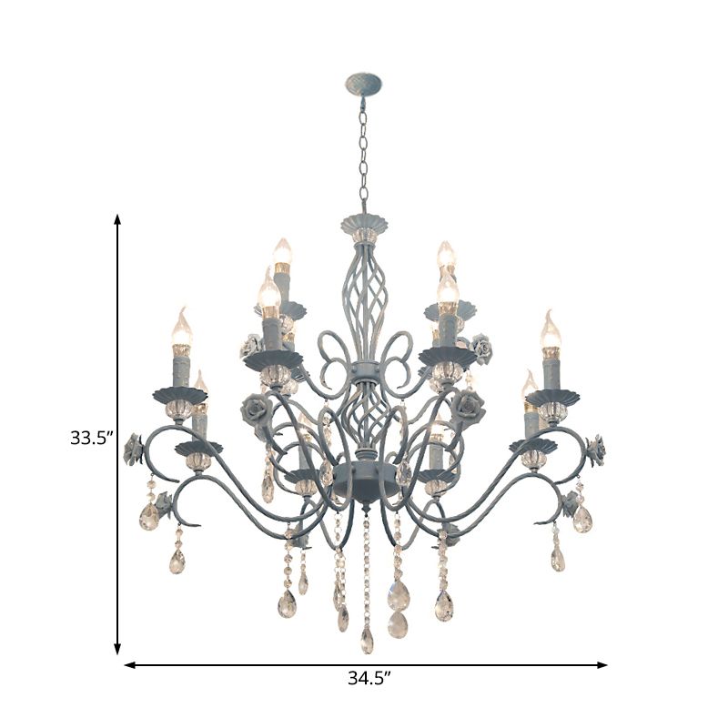 Blue Candelabra Hanging Ceiling Light Traditional Metal 12 Lights Living Room Chandelier Light with Crystal Drop