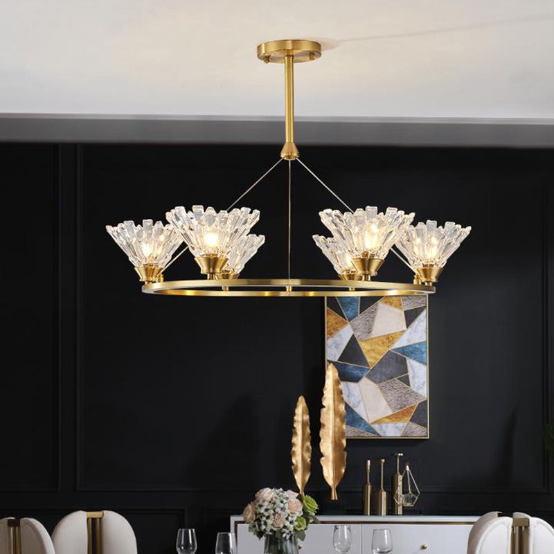 Candelera colgante de sala de estar cónica Cantado transparente tradicional 6 cabezas LED de techo colgante de LED de oro