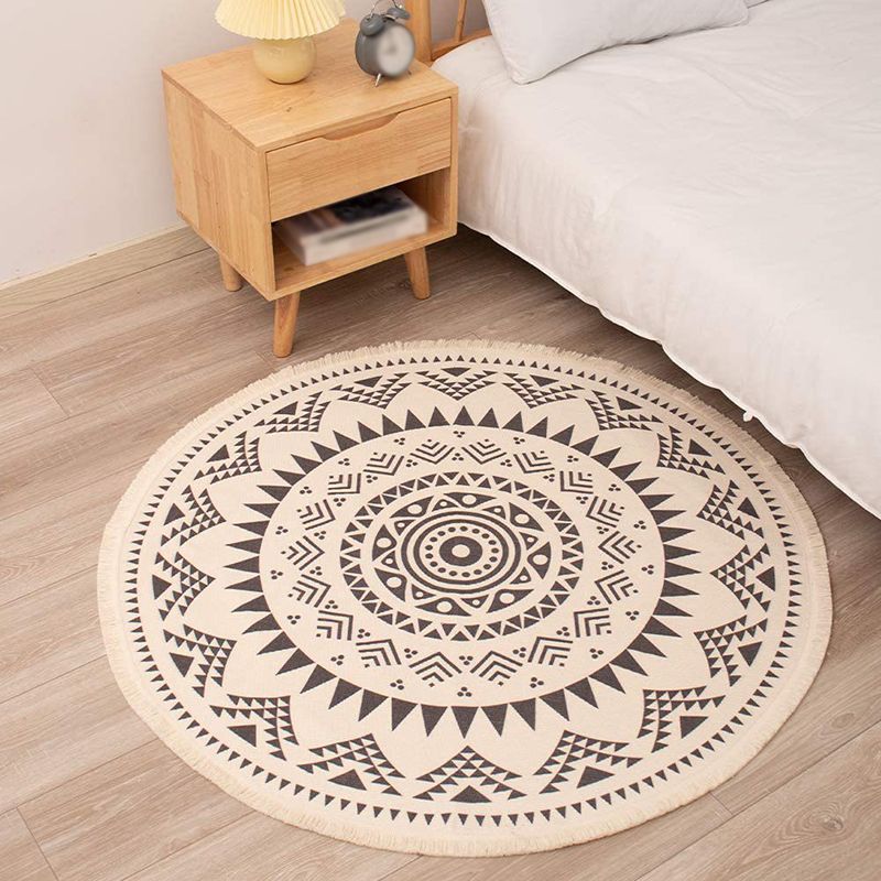 Rapis simple Rapis tribal Tribal Tapis rond Mélange de coton lavable avec frange