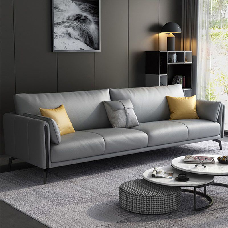 Contemporary Leather Sofa Round Arm Sofa with Bolster Pillows