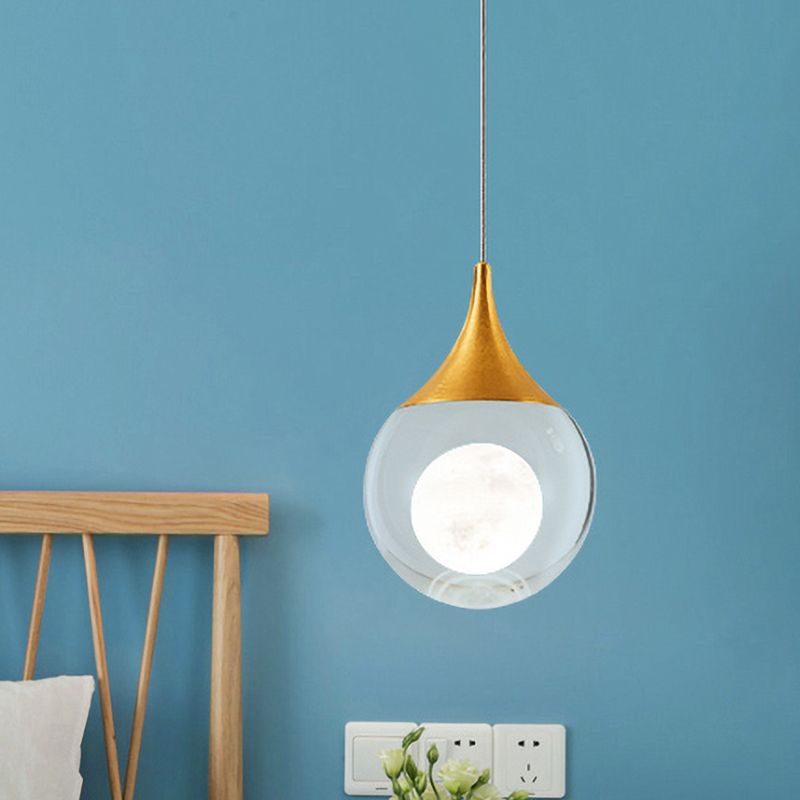 Minimalism Sphere Hanging Pendant Clear Crystal LED Suspension Light in Gold for Bedroom
