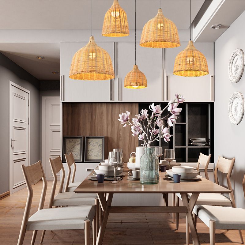 Bauernhaus handgewebtes natürliches Bambus Anhänger Beleuchtung 1-Licht-Glocken-Glocken-Esszimmer Hanging Lampe