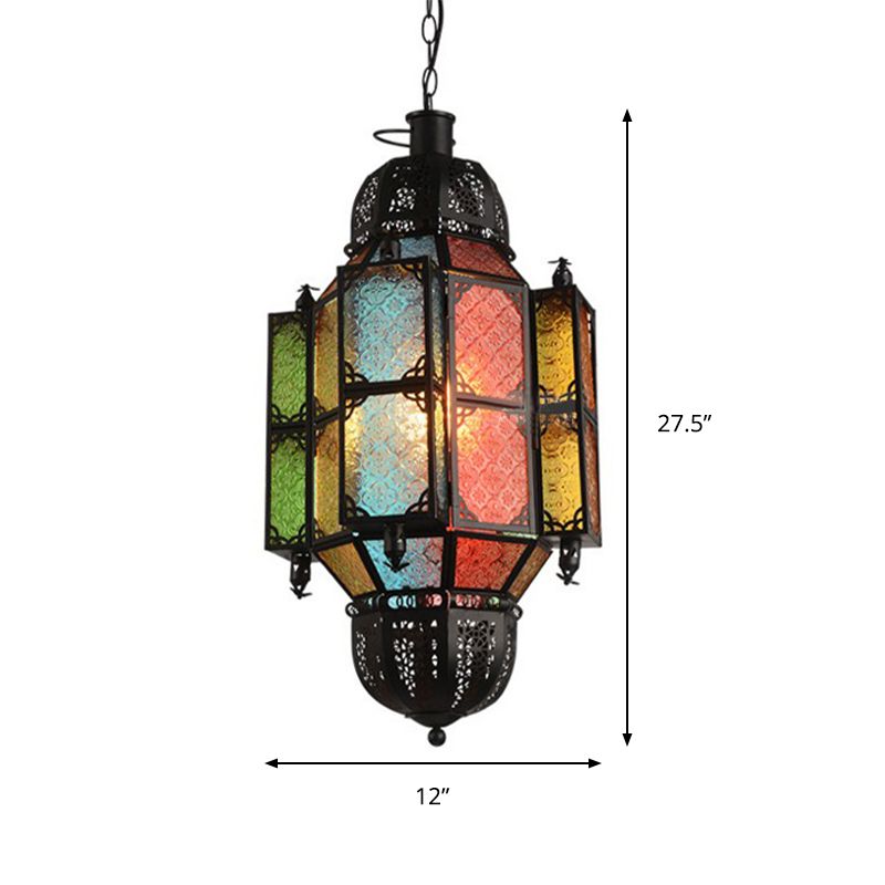1 hoofd hangende verouderde balk hanglamp met lantaarn getextureerde glazen schaduw in zwart