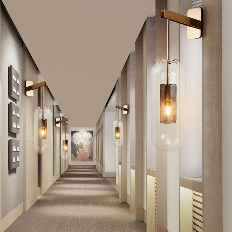 Moderno gambo in metallo applione da parete sospeso in vetro trasparente oblungo vetro a 1 bulbo sconde da parete