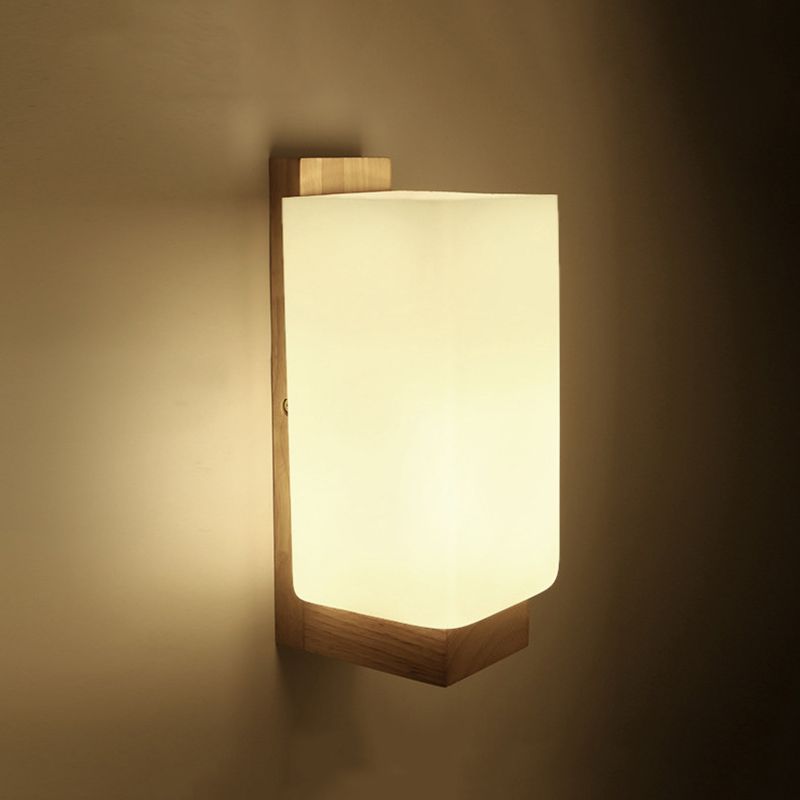 Log Color Rectangular Wall Sconce in Modern Concise Style Wooden 1-Light Wall Lamp with Glass Shade