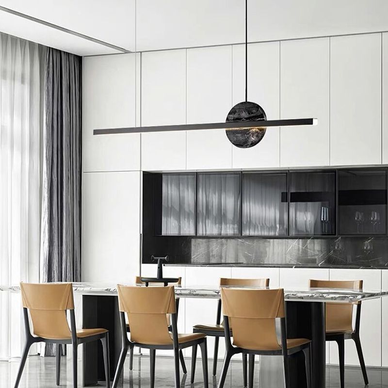 Linear LED Kitchen Island Fixture in Black / Gold Brass and Marble Ceiling Pendant