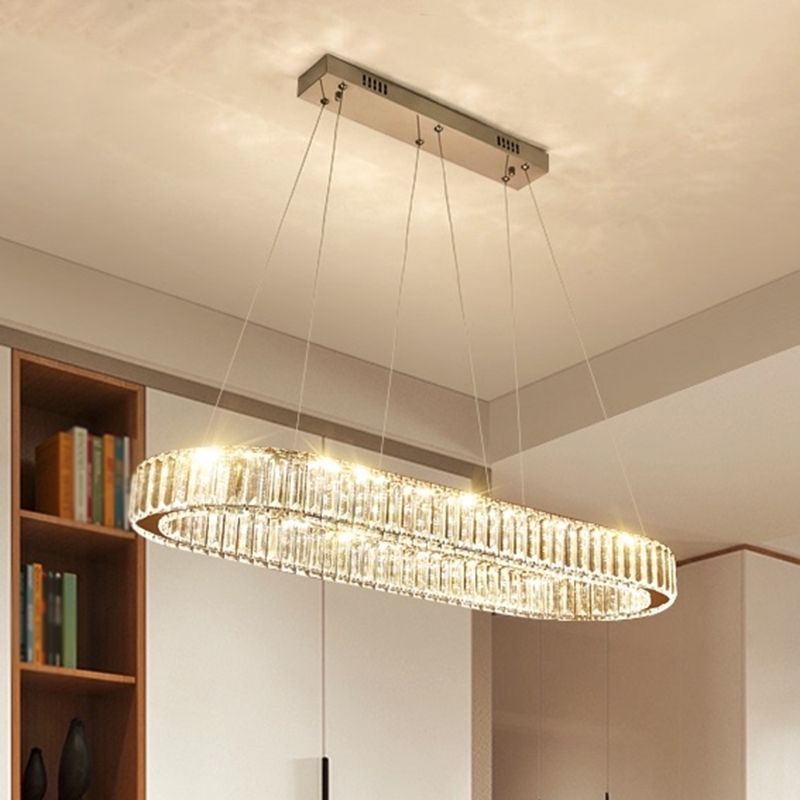 Restaurant LED Hanging Pendant Simple Stainless Steel Island Light with Oval Crystal Shade
