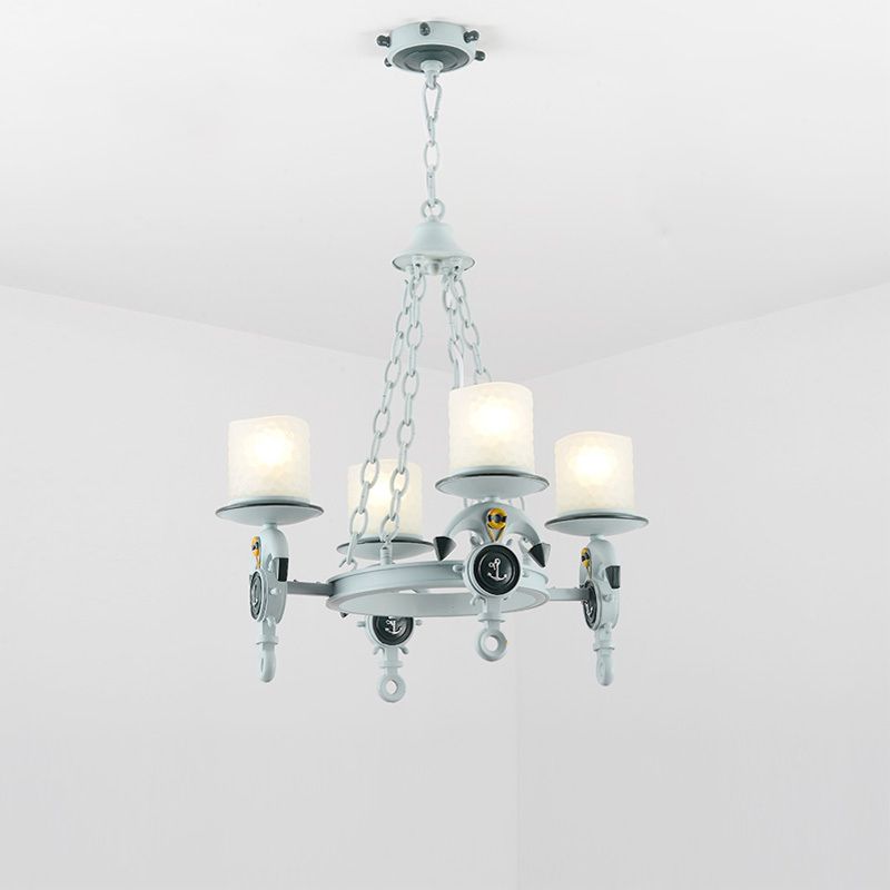 Anchor Suspension Light Modernism Resin 4 Lights Blue Pendant Chandelier with Cylindrical Dimpled Glass Shade