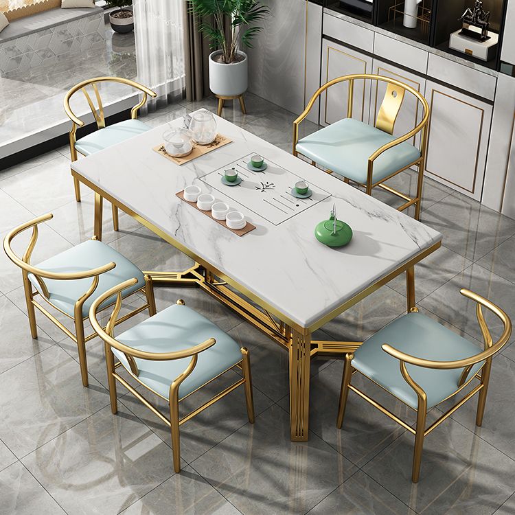 Mesa rectangular de lujo tradicional de metal, mesa superior de piedra sinterizada con base de caballete
