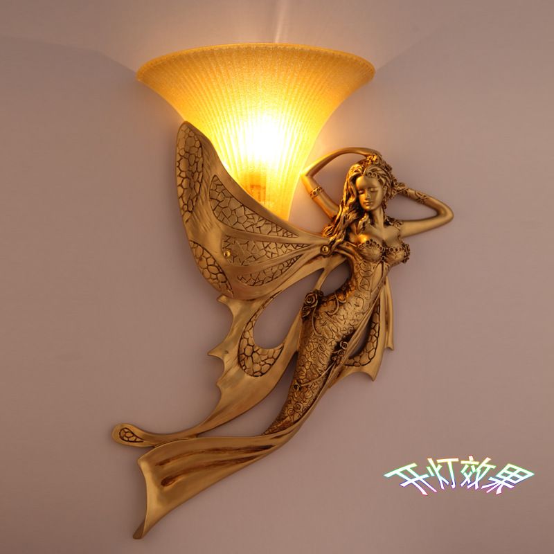 Resin Gold Wall Sconce Mermaid 1-Light Rustic Style Wall Mounted Lamp with Cone Ribbed Glass Shade