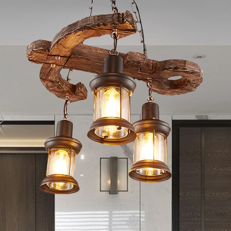 3 Lights Ceiling Light Fixture Coastal Kerosene Clear Glass Pendant Chandelier in Black with Wooden Anchor