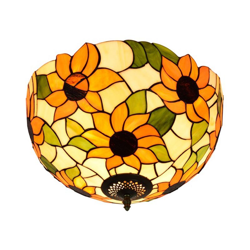 Stained Glass Sunflower Ceiling Fixture Tiffany 2/3 Lights Yellow and Green Flushmount Ceiling Lamp, 12"/16" W