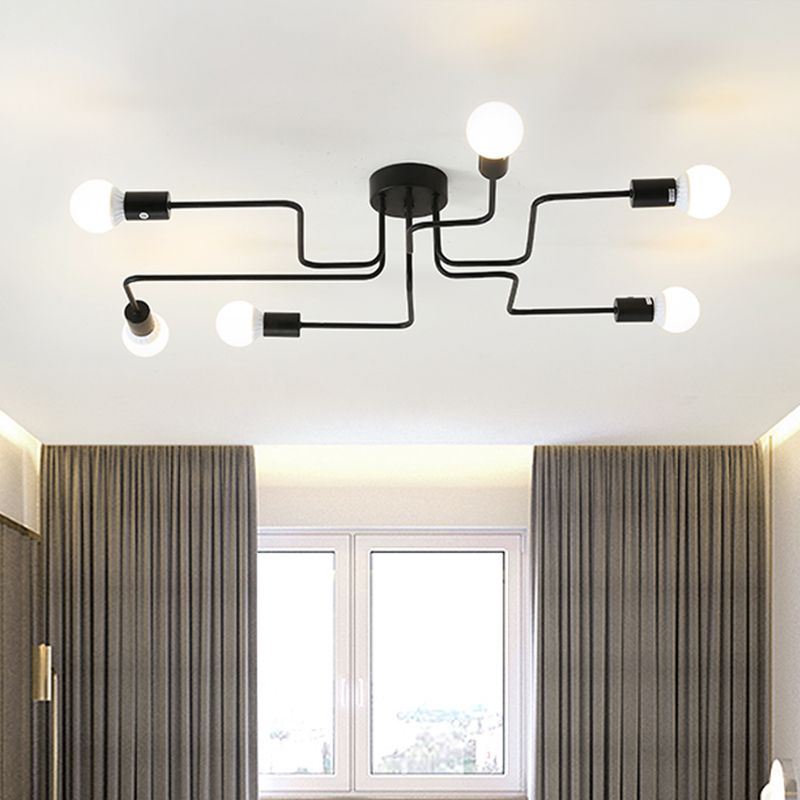 Loft Industrial Exposed Semi Flush Light Fixture 4/6-Head Metallic Ceiling Light Fixture in Black/White for Living Room