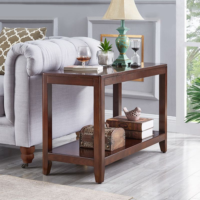 Modern Square 23.62"Tall Oak 4 Legs End Table with Shelf for Living Room