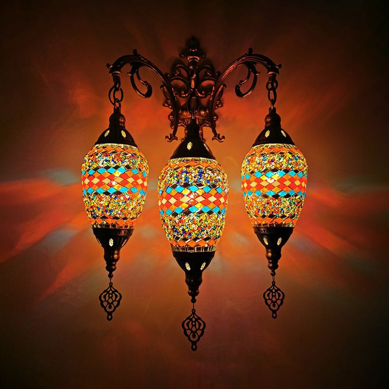 Stained Glass Yellow/Orange/Blue Wall Mount Light Oval 3 Lights Vintage Sconce Light Fixture