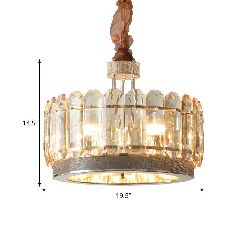 Trommel eetkamer hangende lamp eigentijdse helder gesneden kristallen blokken 6 koppen grijze afwerking kroonluchter