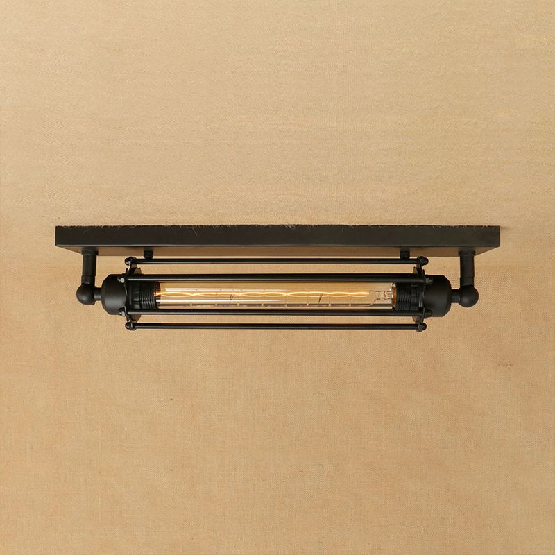 1 Light Linear Ceiling Mount Light with Cage Shade Retro Style Black Metallic Flush Mount Ceiling Light