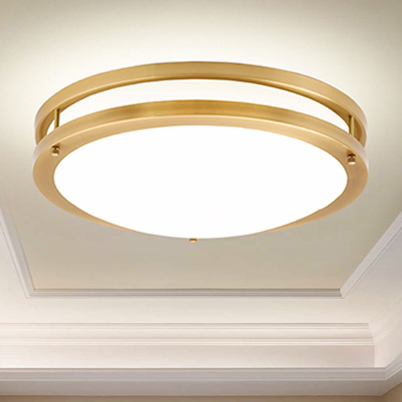 Black/Brass LED Ceiling Mount Traditional White Glass Drum Flush Light Fixture for Corridor in Warm/White Light, 12"/16" W