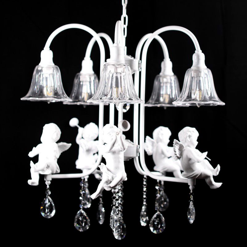 Flared Chandelier Pendant Traditional Plexiglas 5 Lights White Ceiling Light Fixture with Angels and Crystal Drop