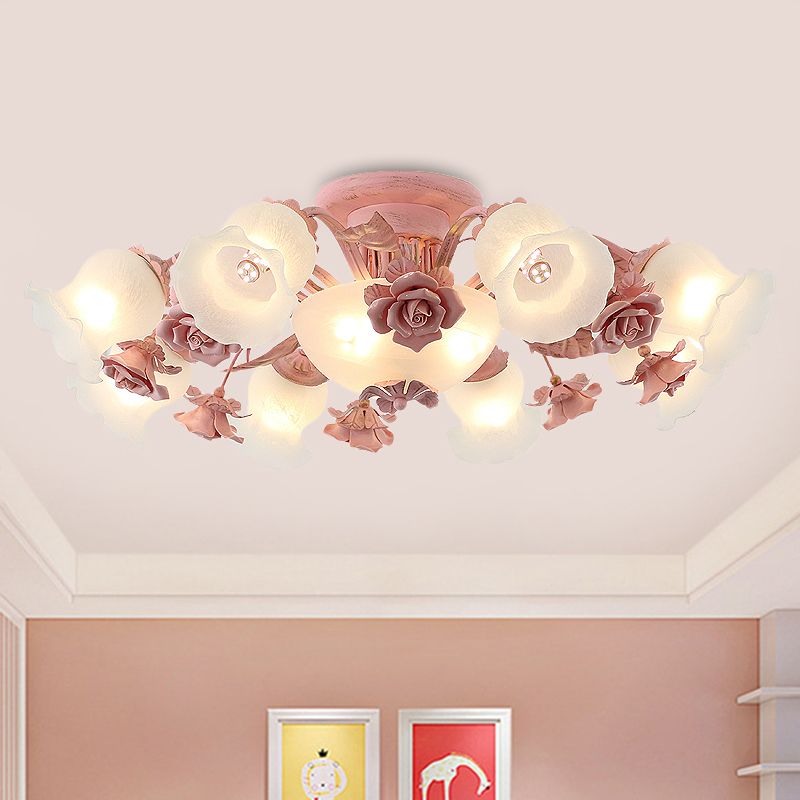 Rose Blossom Bedroom Flush Chandelier Pastoral Frosted Glass 7/11-Head Pink Ceiling Mount Light