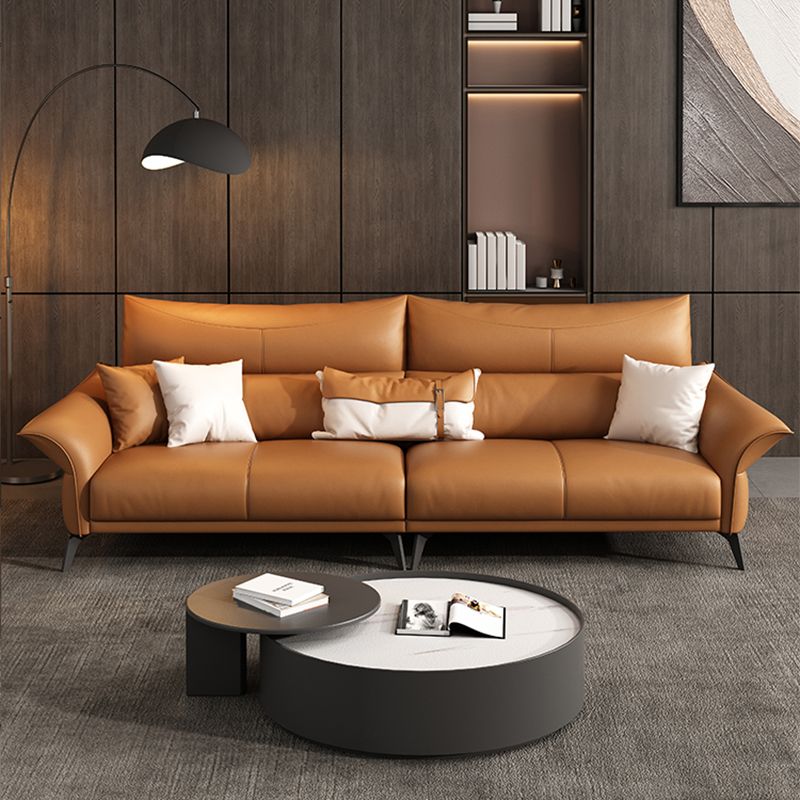 Contemporary Sewn Pillow Back Standard Flared Arm Genuine Leather Sofa