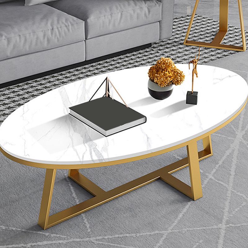 Glam Oval Stone Top Coffee Table with Iron Cross Base 17.71" High