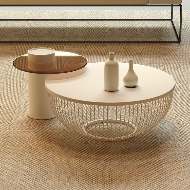 Modern Round Drum Coffee Table Metal Cocktail Table in White