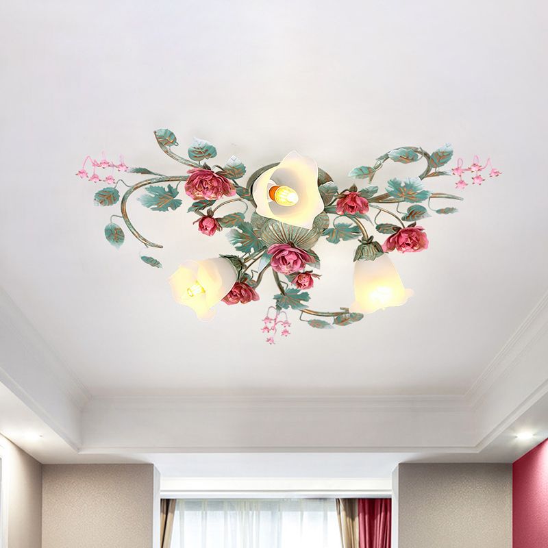 Verde Trenzado Semi-Luz Fija-Flor Coreana Vidrio Blanco 3/6 Bulbos De La Habitación Al Ras