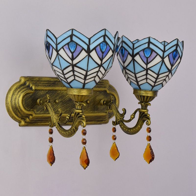 Ridged Bell Stained Glass Wall Lighting Mediterranean 2-Light Brass Vanity Light Fixture