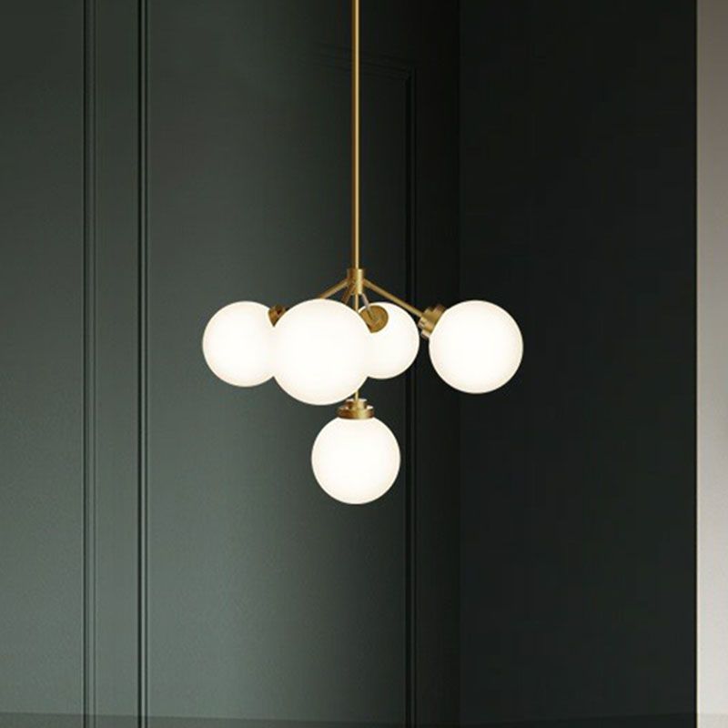 Ball Dining Room Chandelier Light Opal Glass 5-Bulb Minimalist Hanging Lamp in Gold
