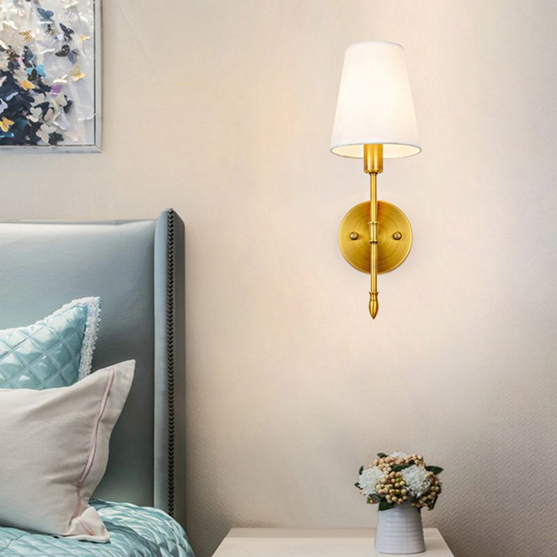 Gold Modern Metal Wall Sconce Cone Shape Wall Light with Fabric Shade for Bedroom